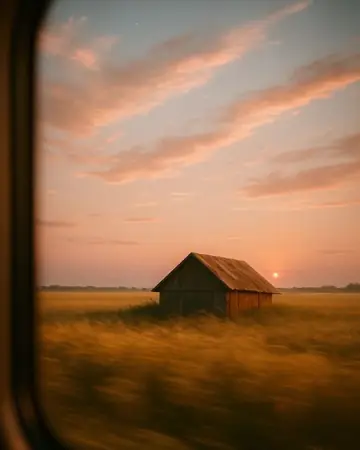 Campo al atardecer visto desde la ventanilla de un tren